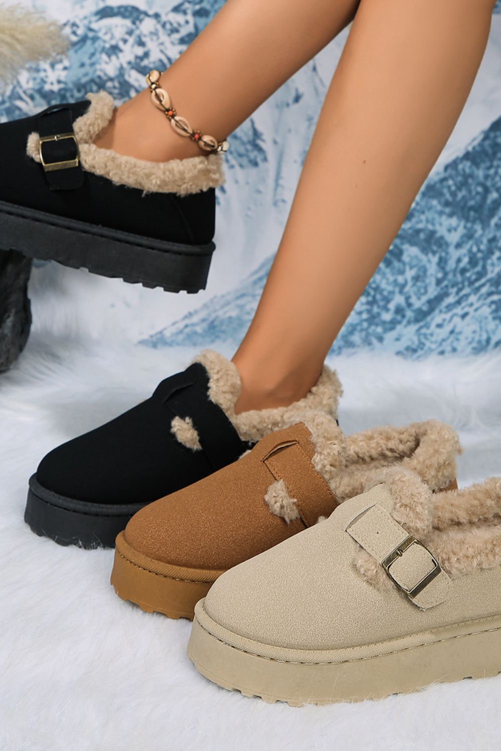 KayBee Round Toe Platform Fuzzy Buckled Booties