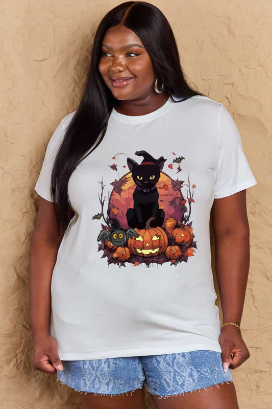 Simply Love Halloween BLACK CAT ON PUMPKIN Screen Graphic T-Shirt