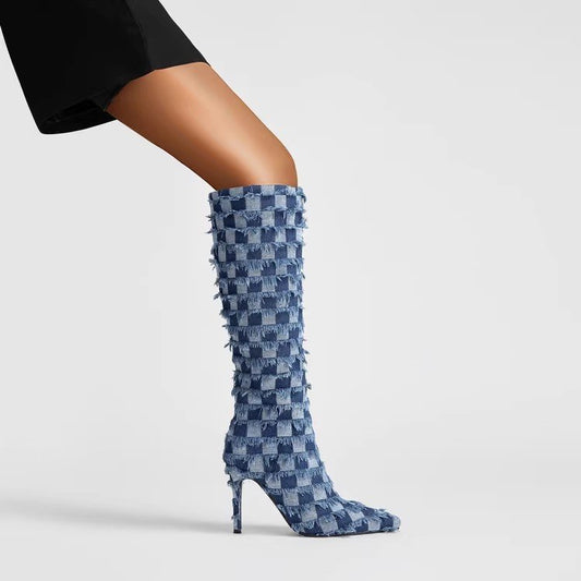 KayBee Chessboard Plaid Denim Blue Cloth Women's Boots