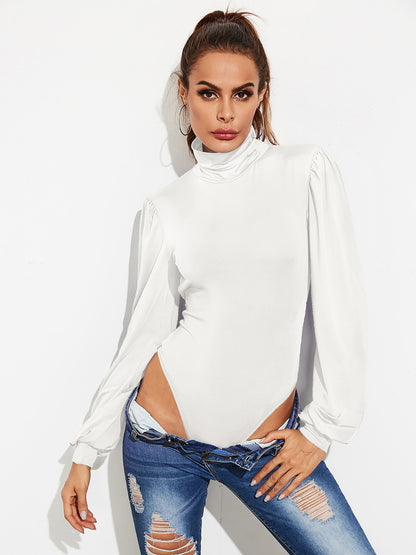 KayBee Backless Tie-Waist Turtleneck Lantern Sleeve Bodysuit