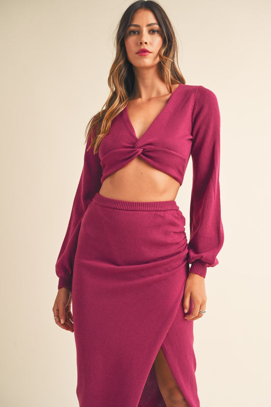 So Perfect MABLE Front Twisted Knit Top and Midi Skirt Set