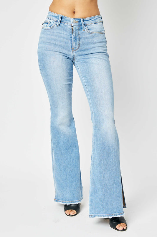 Judy Blue Mid Rise Raw Hem Slit Flare Jeans