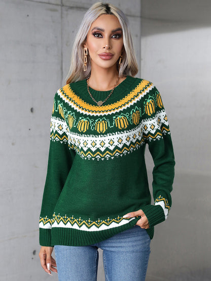 Angel Wings Pumpkins Geometric Round Neck Long Sleeve Sweater