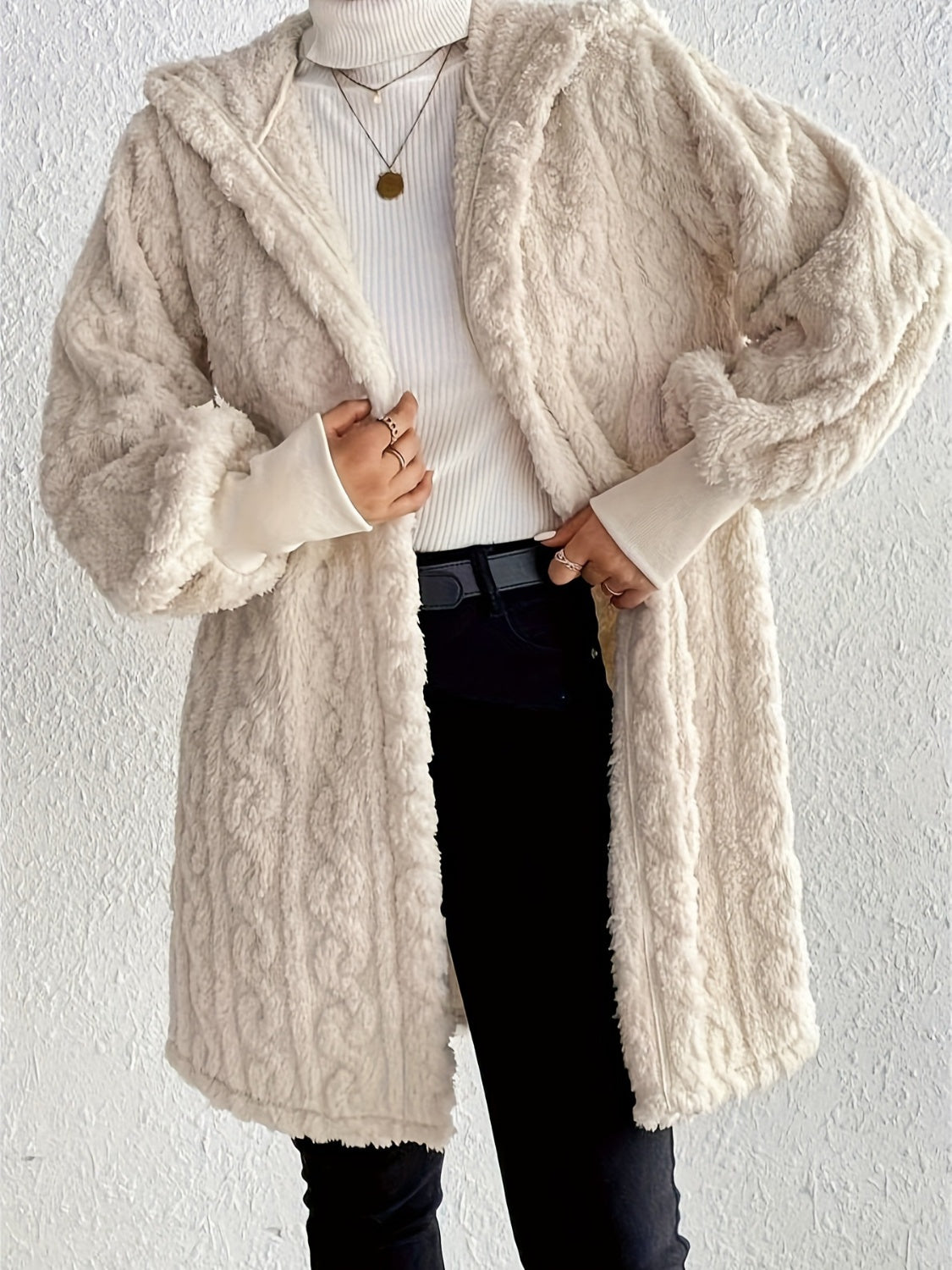 KayBee Open Front Long Sleeve Fuzzy Hooded Jacket