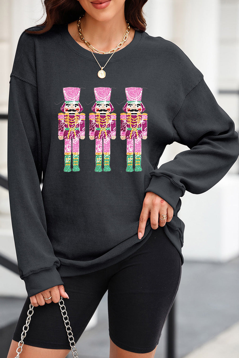 KayBee Sequin Nutcracker Round Neck Long Sleeve Sweatshirt
