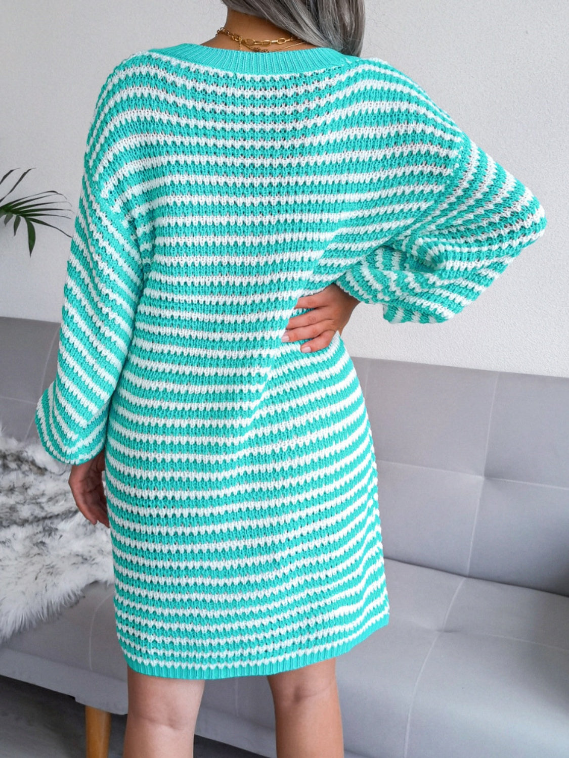 KayBee & Company Striped V-Neck Long Sleeve Mini Sweater Dress