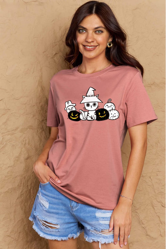 Simply Love Cat & Pumpkin Graphic Cotton T-Shirt