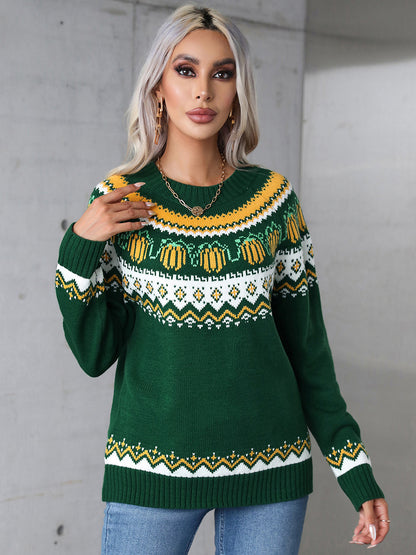 Angel Wings Pumpkins Geometric Round Neck Long Sleeve Sweater