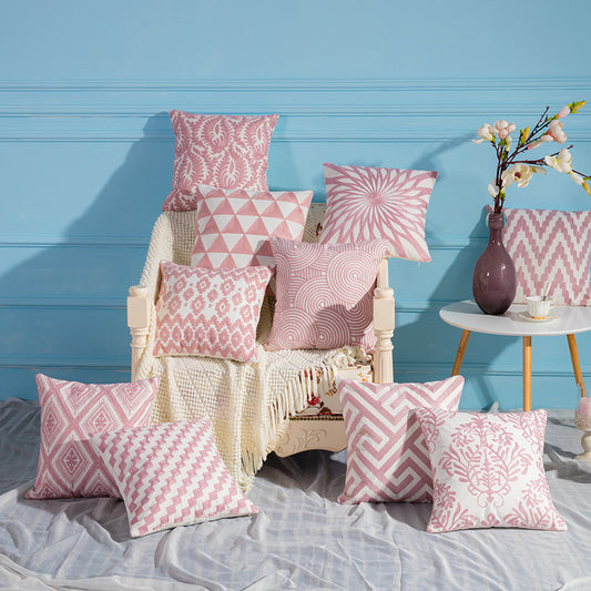 So Pretty in Pink Embroidered Geometric Design Throw Pillowcase