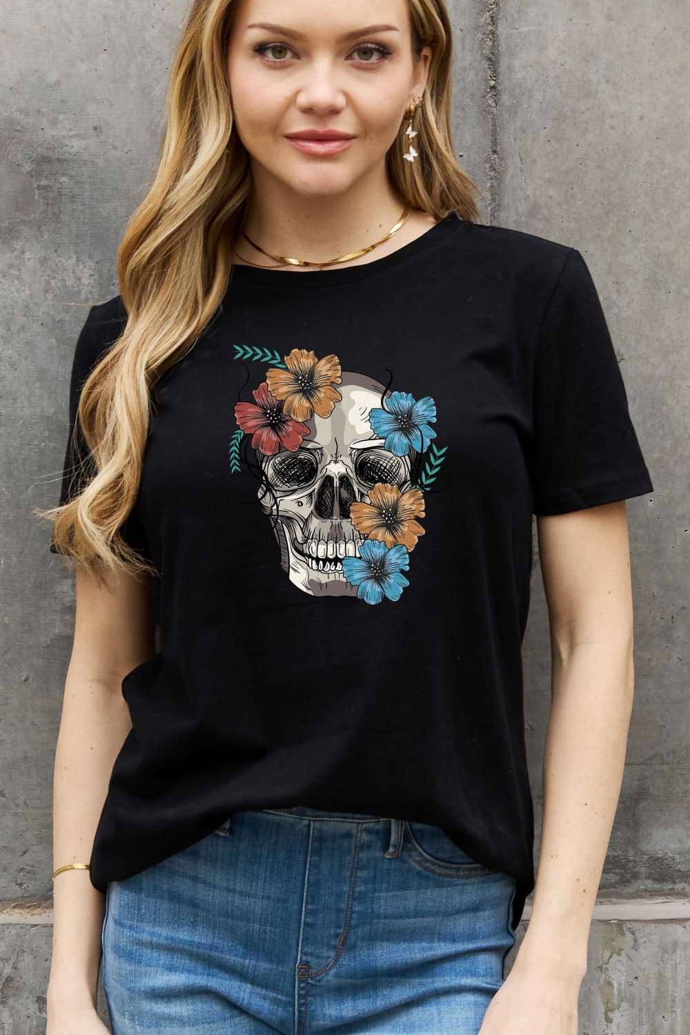 Simply Love Flower Skull Graphic Cotton Tee