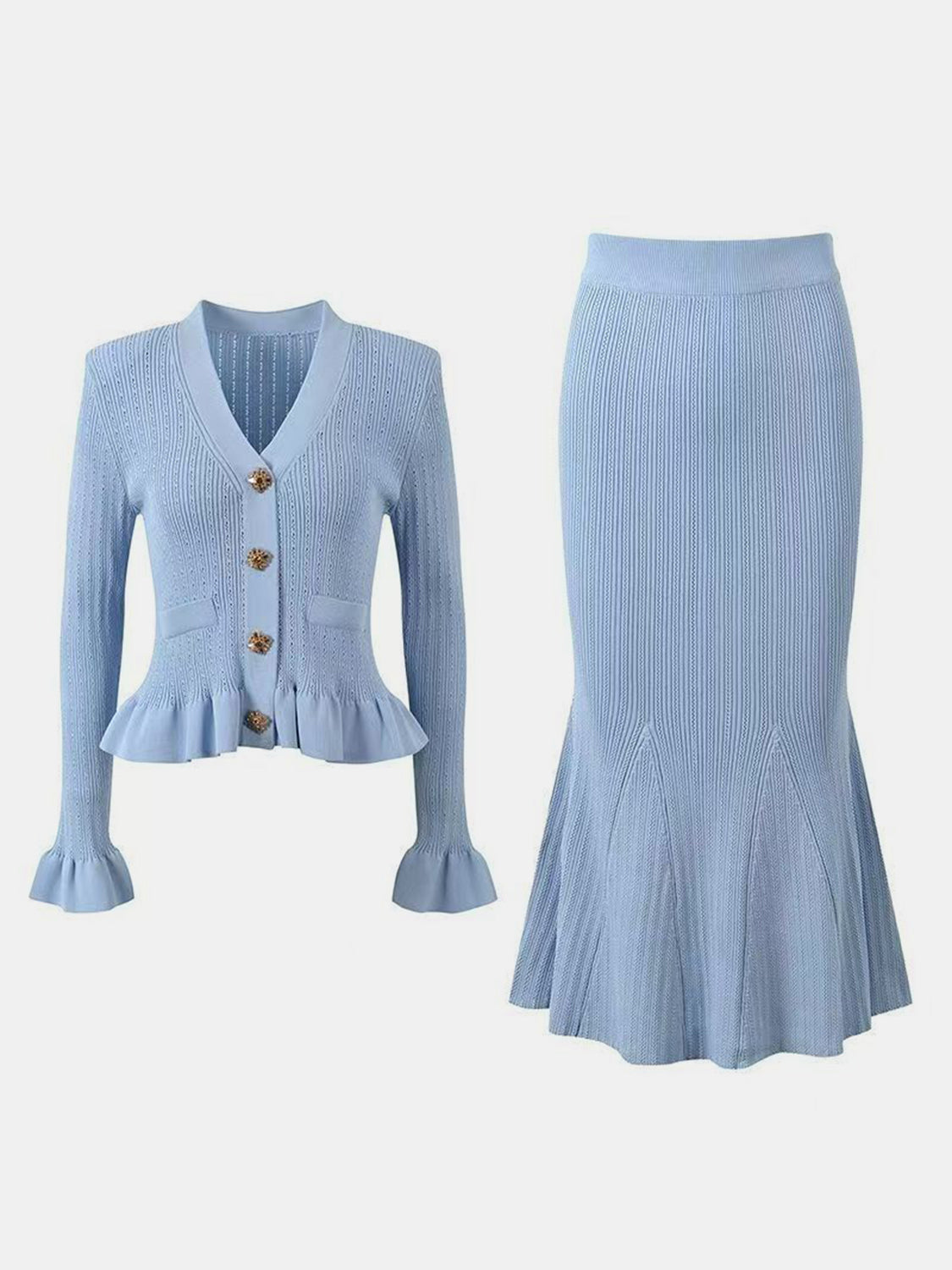 KayBee Ruffled V-Neck Top and Midi Skirt Sweater Set