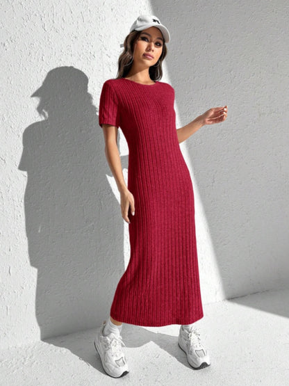 KayBee & Company Slit Round Neck Short Sleeve Sweater Dress