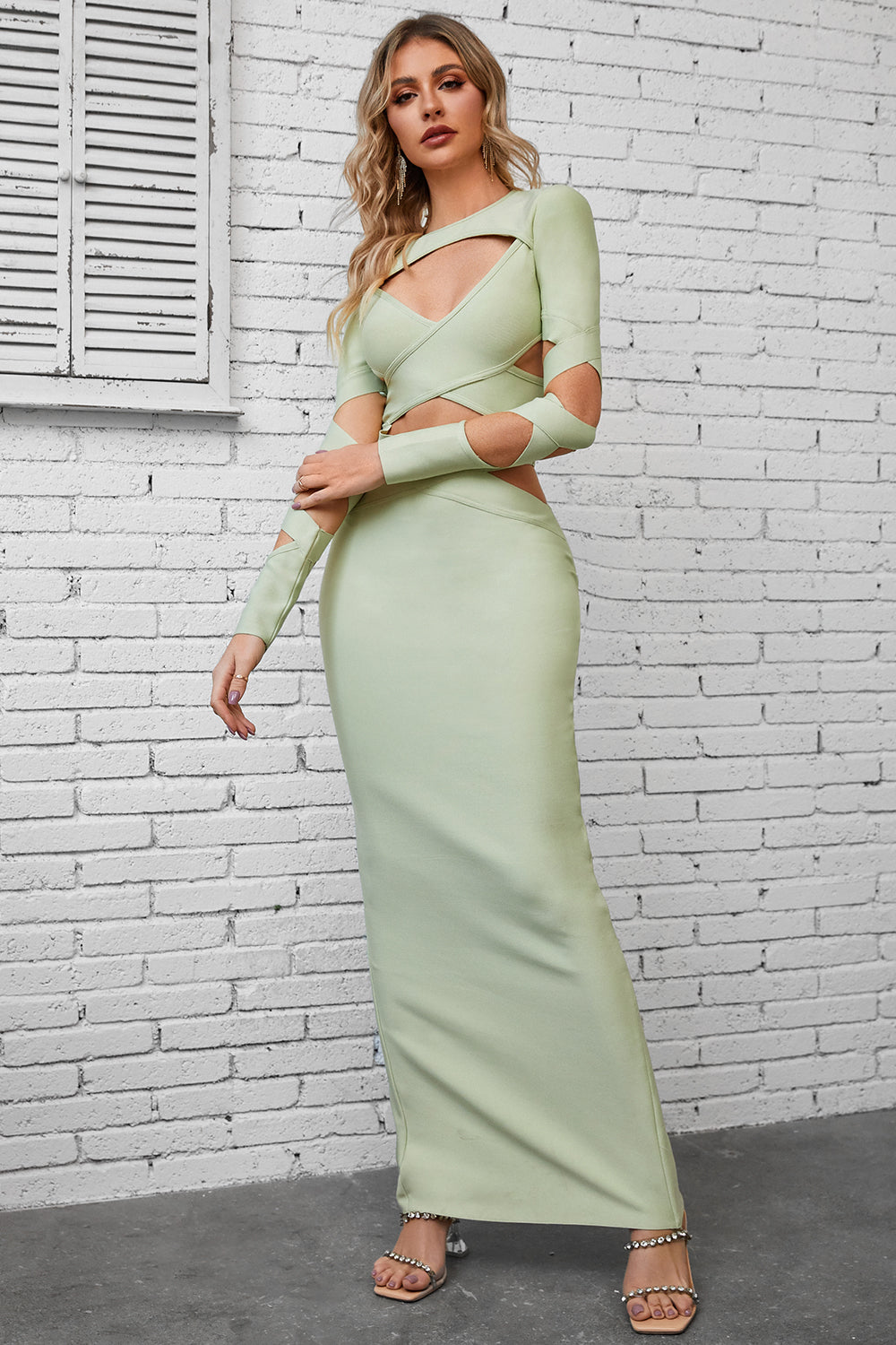 KayBee Luxury High Stretch with Wrapped Cutout Round Neck Maxi Dress