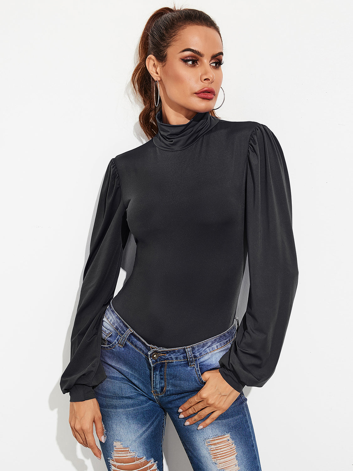 KayBee Backless Tie-Waist Turtleneck Lantern Sleeve Bodysuit