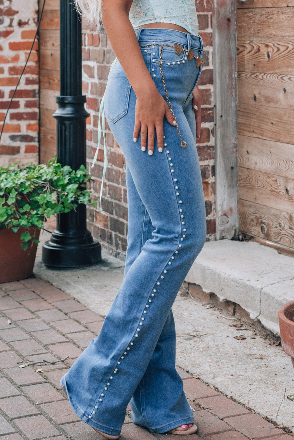 KayBee Denim Pearl Trim High Waist Bootcut Jeans