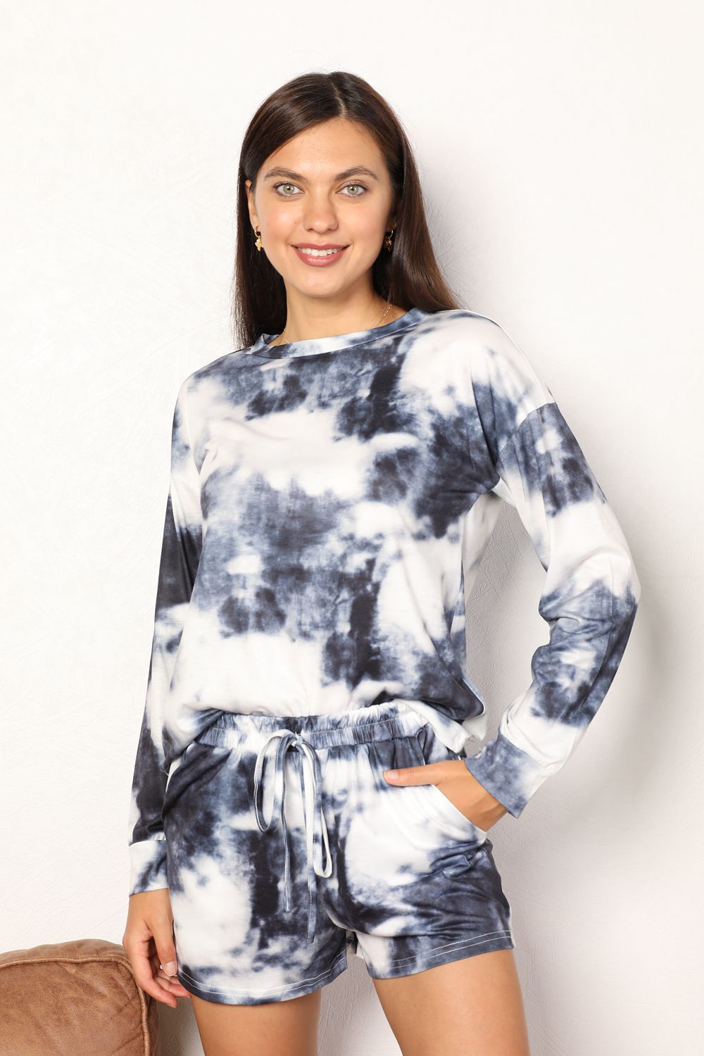 KayBee & Company Shiny Tie-Dye Round Neck Top and Shorts Lounge Set