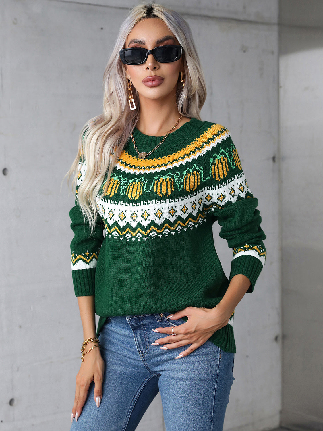 Angel Wings Pumpkins Geometric Round Neck Long Sleeve Sweater