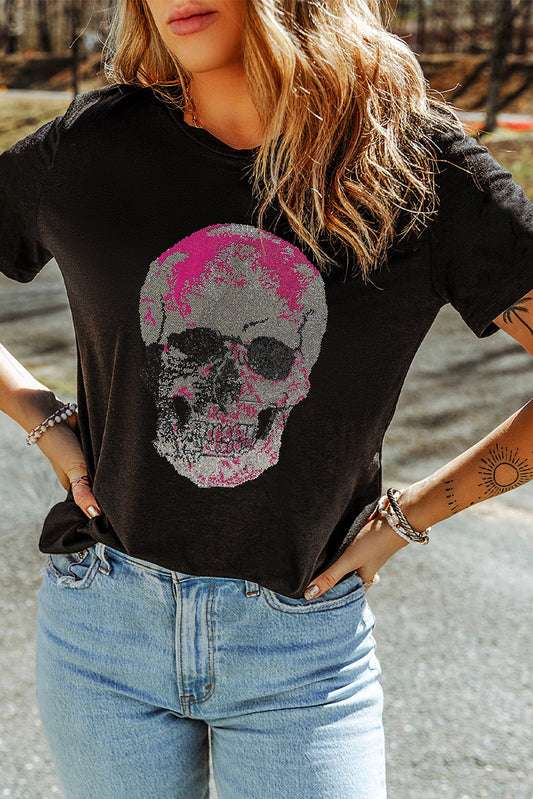 KayBee So Spooky Halloween Pink Rhinestone Skull Round Neck Short Sleeve T-Shirt