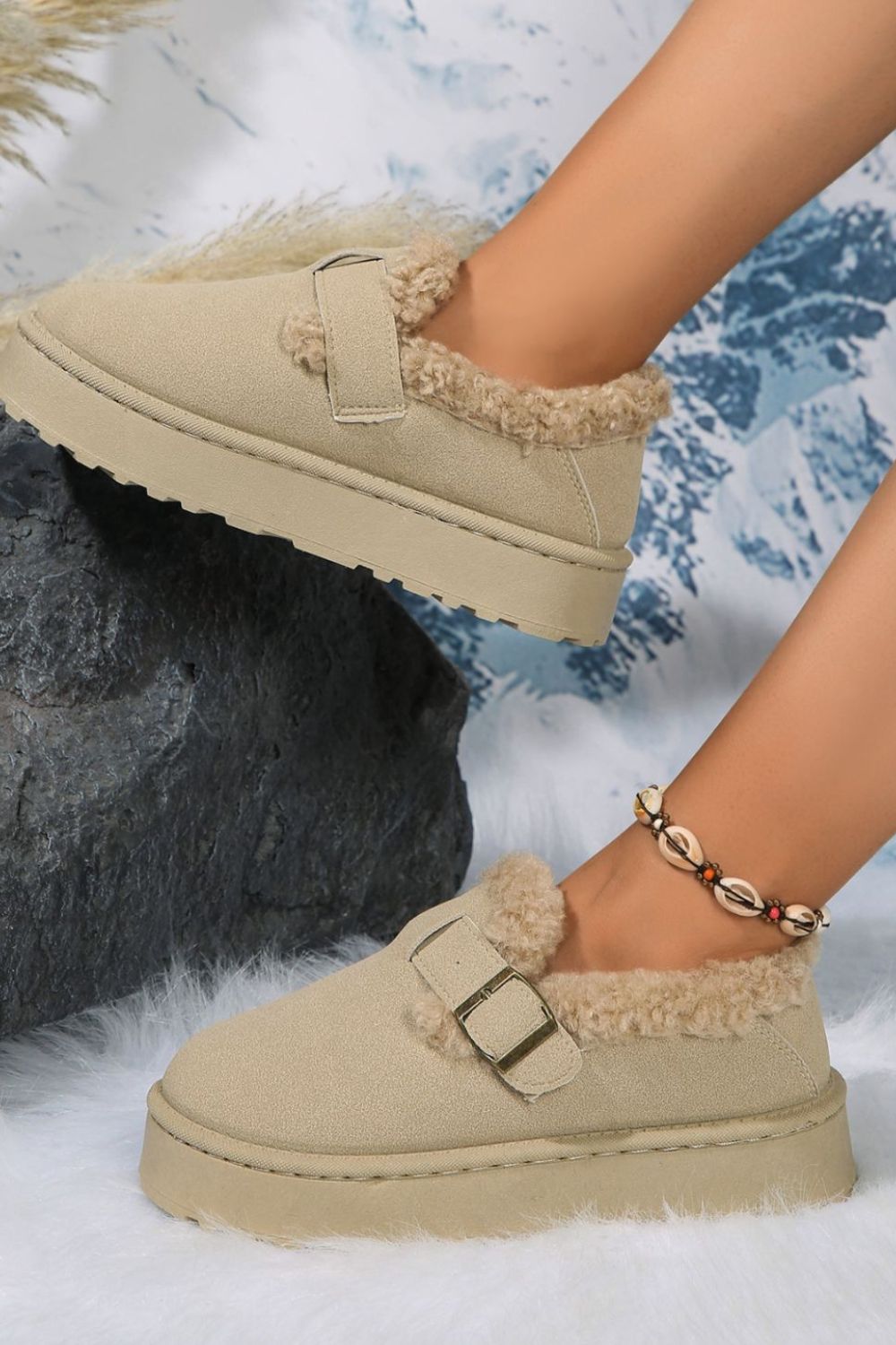 KayBee Round Toe Platform Fuzzy Buckled Booties