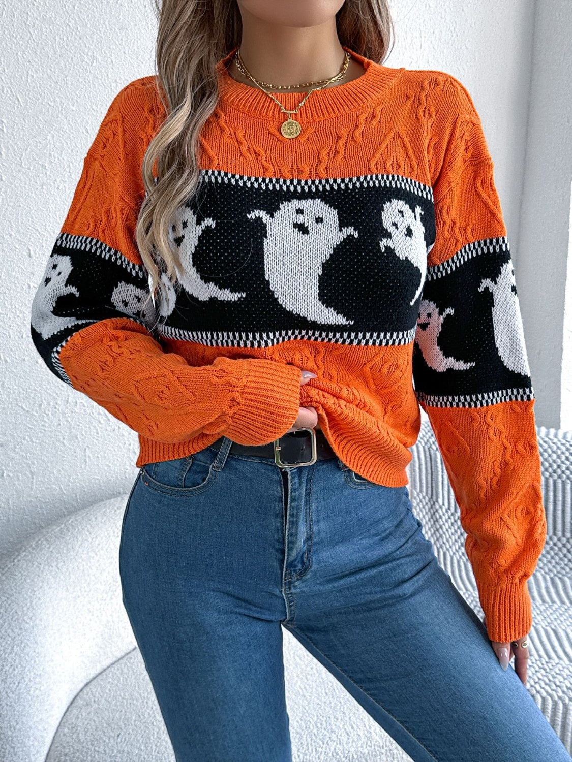 KayBee So Spooky Halloween Ghost Round Neck Long Sleeve Sweater