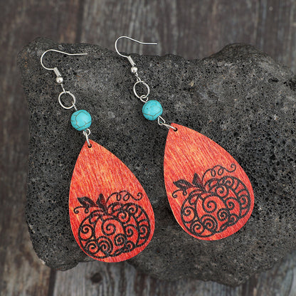 KayBee So Spooky Halloween Turquoise Wooden Pumpkin Teardrop Earrings