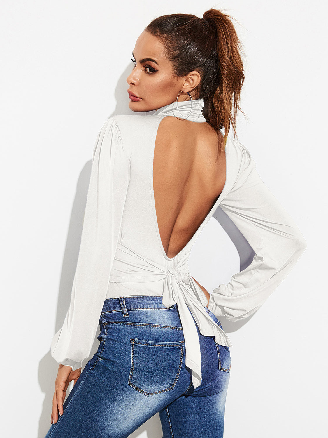 KayBee Backless Tie-Waist Turtleneck Lantern Sleeve Bodysuit