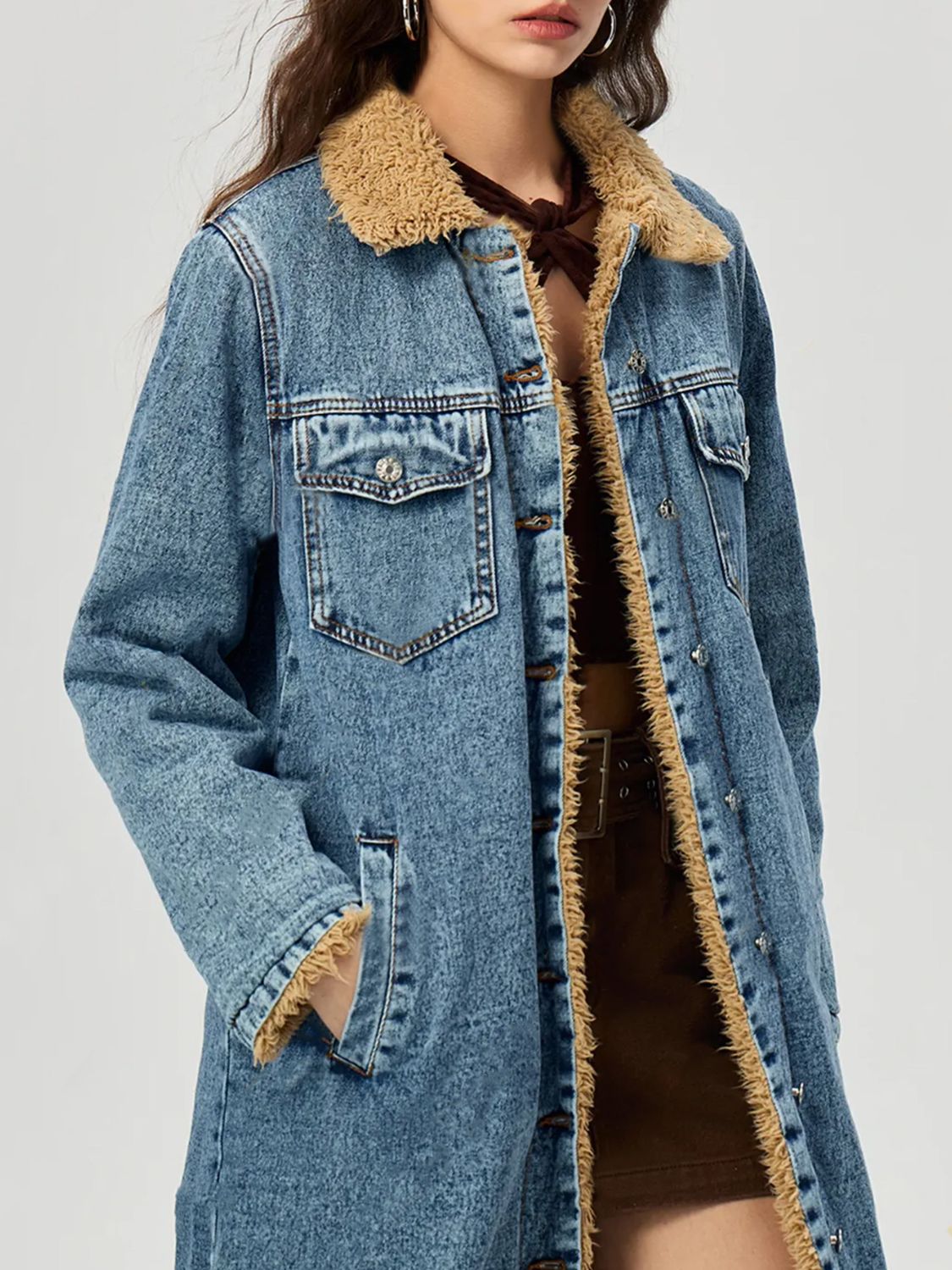 KayBee Pocketed Button Up Denim Jacket with Fur Lining