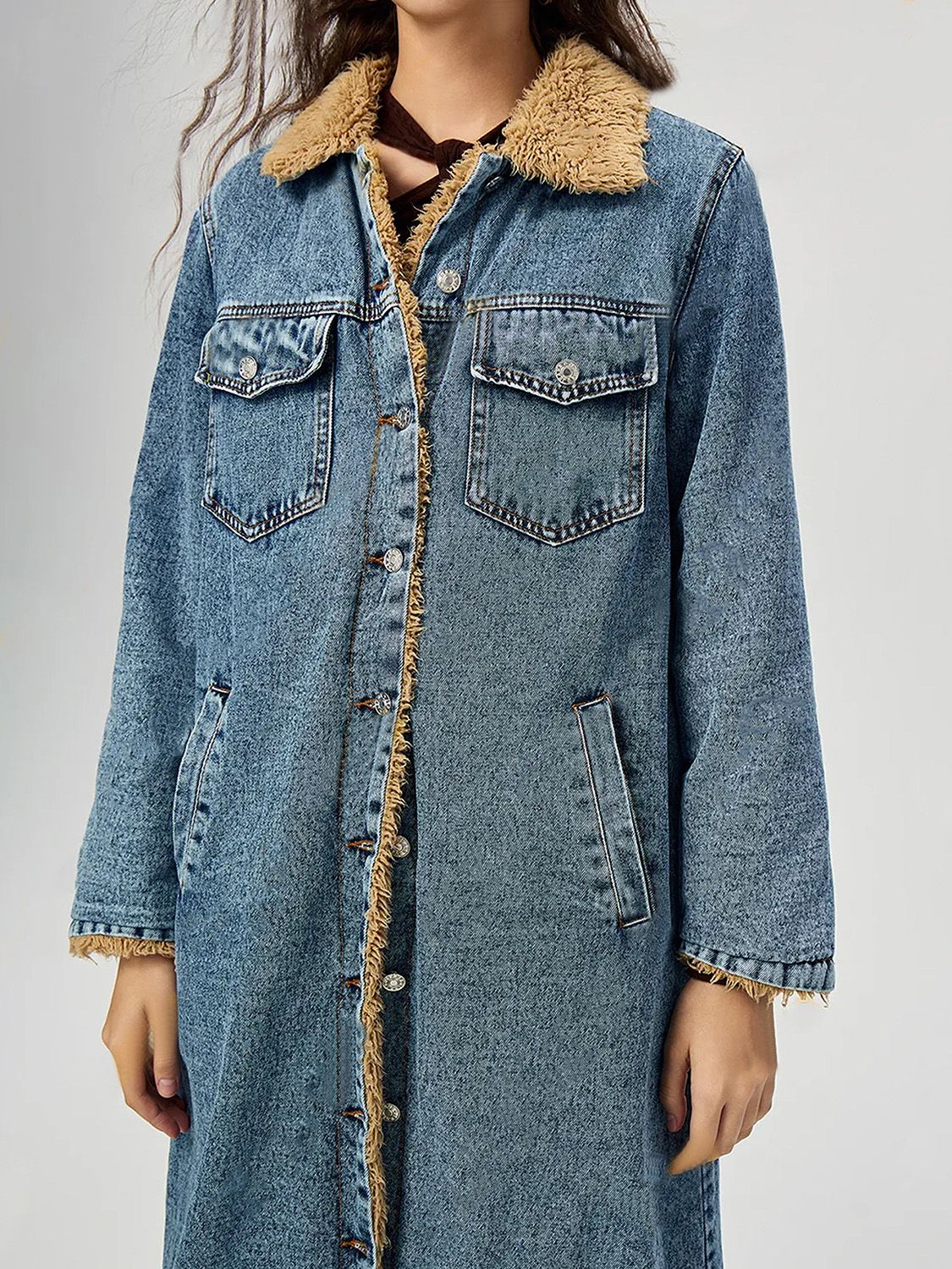 KayBee Pocketed Button Up Denim Jacket with Fur Lining