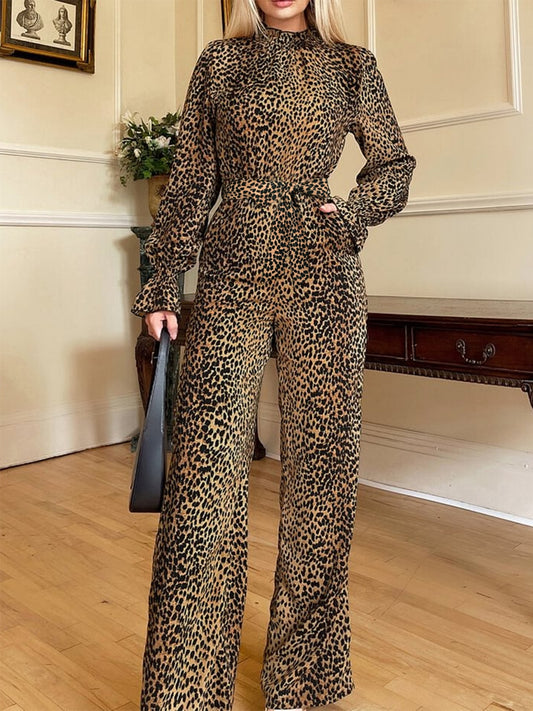 KayBee Leopard Flounce Sleeve Wide Leg Jumpsuit