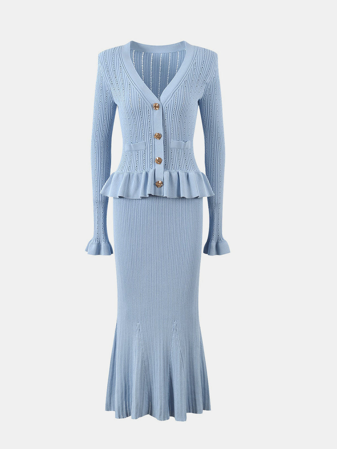 KayBee Ruffled V-Neck Top and Midi Skirt Sweater Set