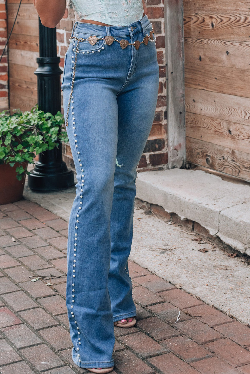 KayBee Denim Pearl Trim High Waist Bootcut Jeans