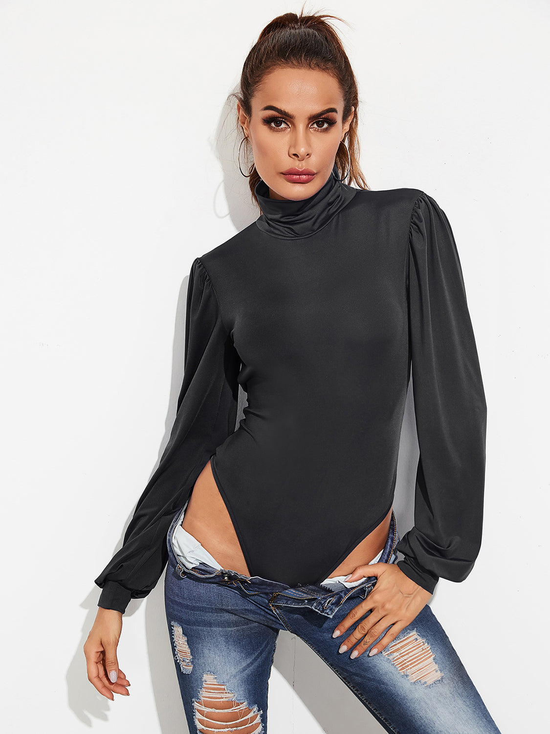 KayBee Backless Tie-Waist Turtleneck Lantern Sleeve Bodysuit