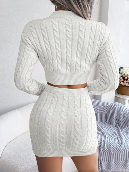 KayBee Cable-Knit Round Neck Top and Skirt Sweater Set