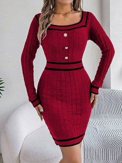 KayBee Contrast Trim Long Sleeve Sweater Dress