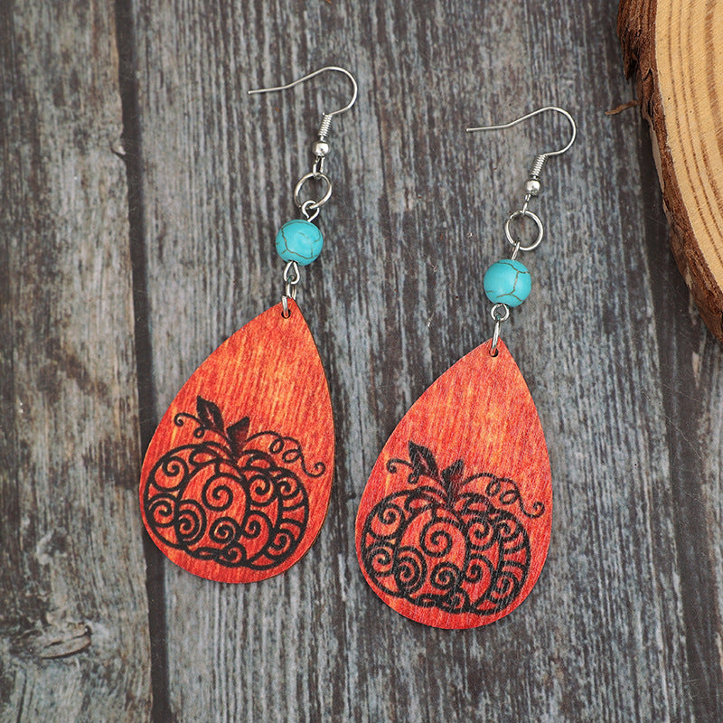 KayBee So Spooky Halloween Turquoise Wooden Pumpkin Teardrop Earrings