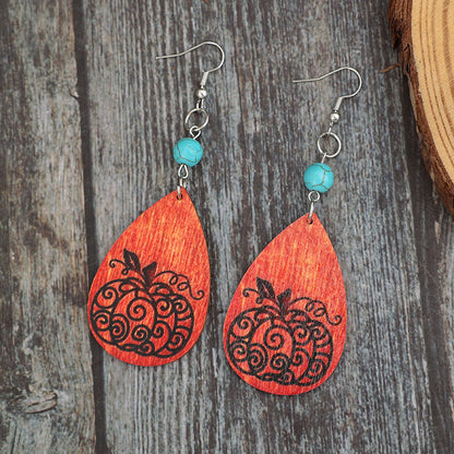 KayBee So Spooky Halloween Turquoise Wooden Pumpkin Teardrop Earrings