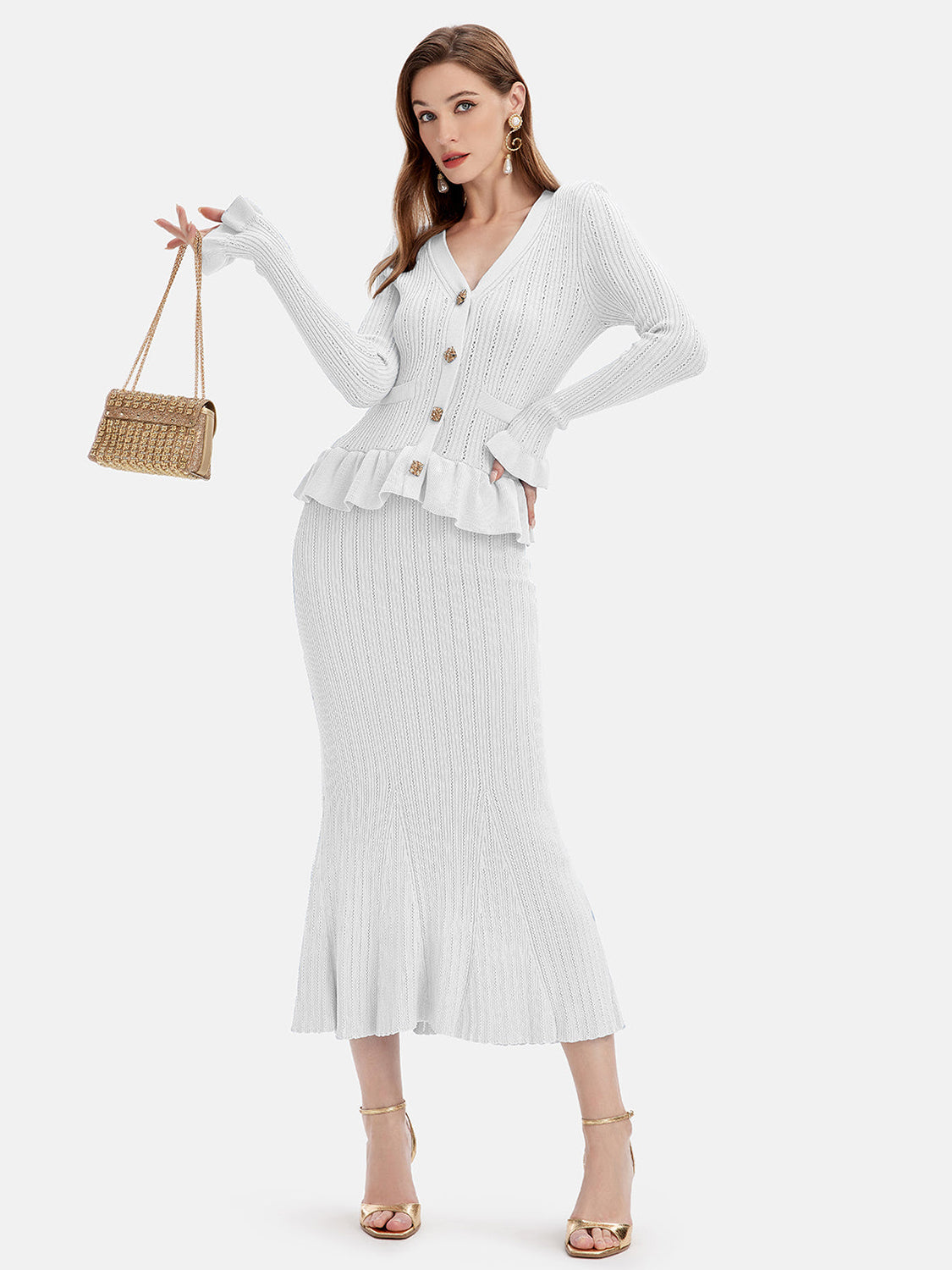KayBee Ruffled V-Neck Top and Midi Skirt Sweater Set
