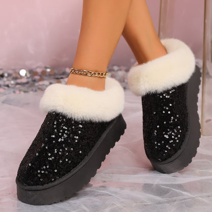 KayBee Plush Trim Sequin Platform Boots