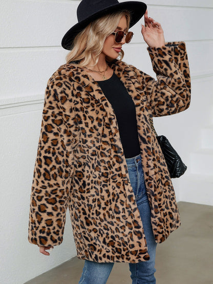 KayBee Fuzzy Leopard Hooded Long Sleeve Jacket