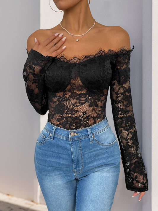 So Perfect Lace Off-Shoulder Long Sleeve Bodysuit