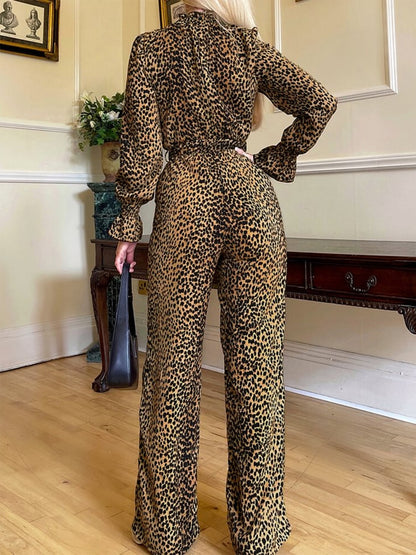 KayBee Leopard Flounce Sleeve Wide Leg Jumpsuit