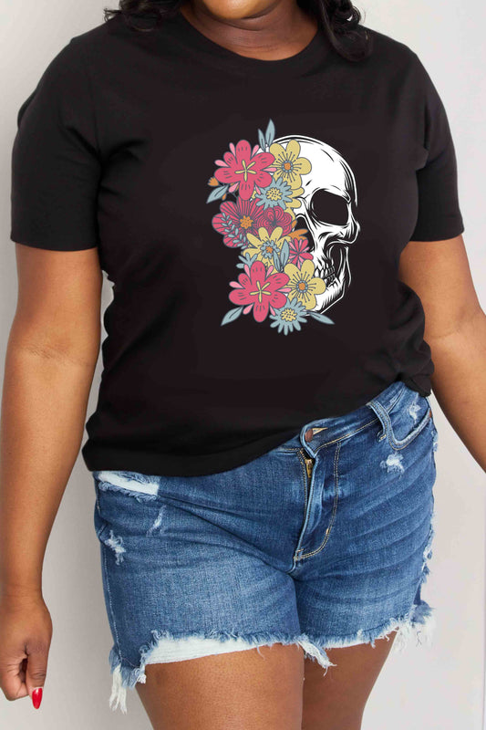 Simply Love HALF ROSES AND SKULL Graphic Cotton T-Shirt