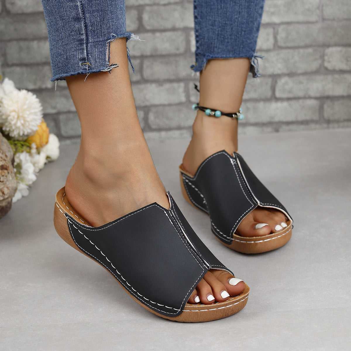 KayBee Soft Leather Slide In Open Toe Sandals