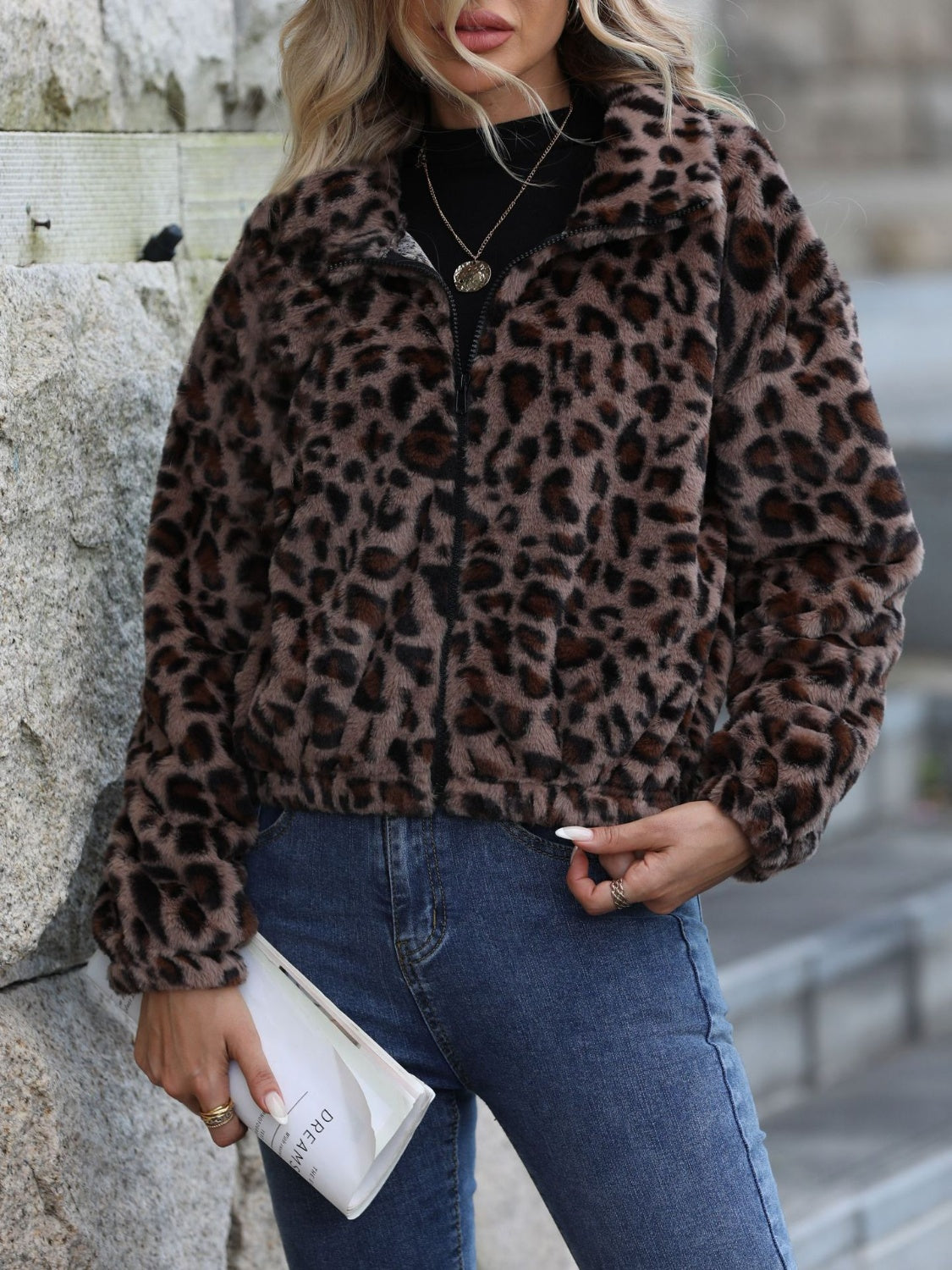 KayBee Leopard Collared Neck Zip Up Jacket