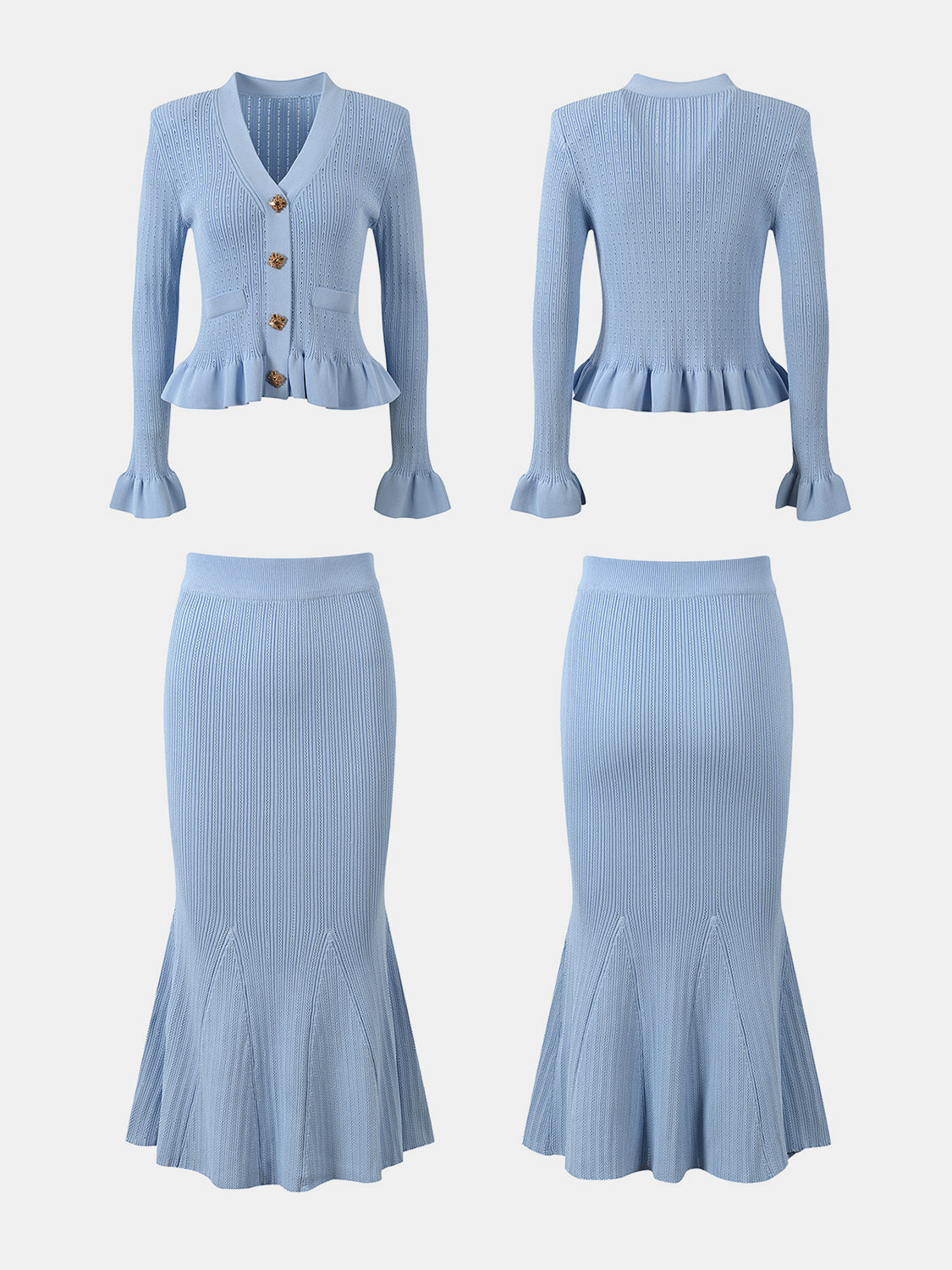 KayBee Ruffled V-Neck Top and Midi Skirt Sweater Set