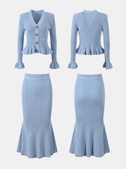 KayBee Ruffled V-Neck Top and Midi Skirt Sweater Set