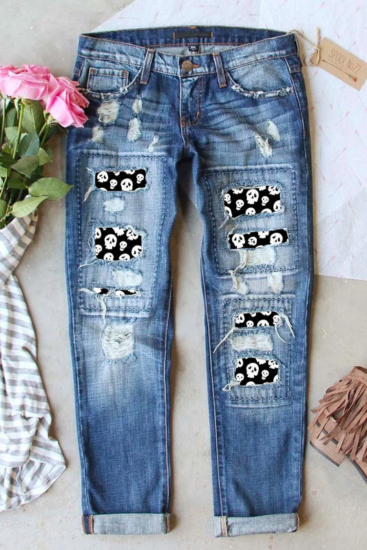 KayBee So Spooky Halloween Distressed Skeleton Pattern Jeans with Pockets