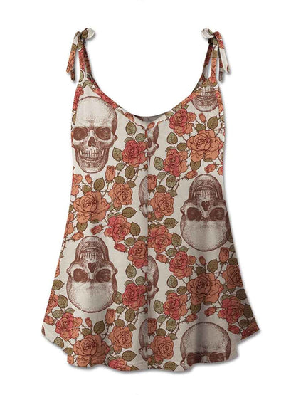 KayBee So Spooky Halloween Camisole Tank Roses and Skulls Scoop Neck Tie Shoulders