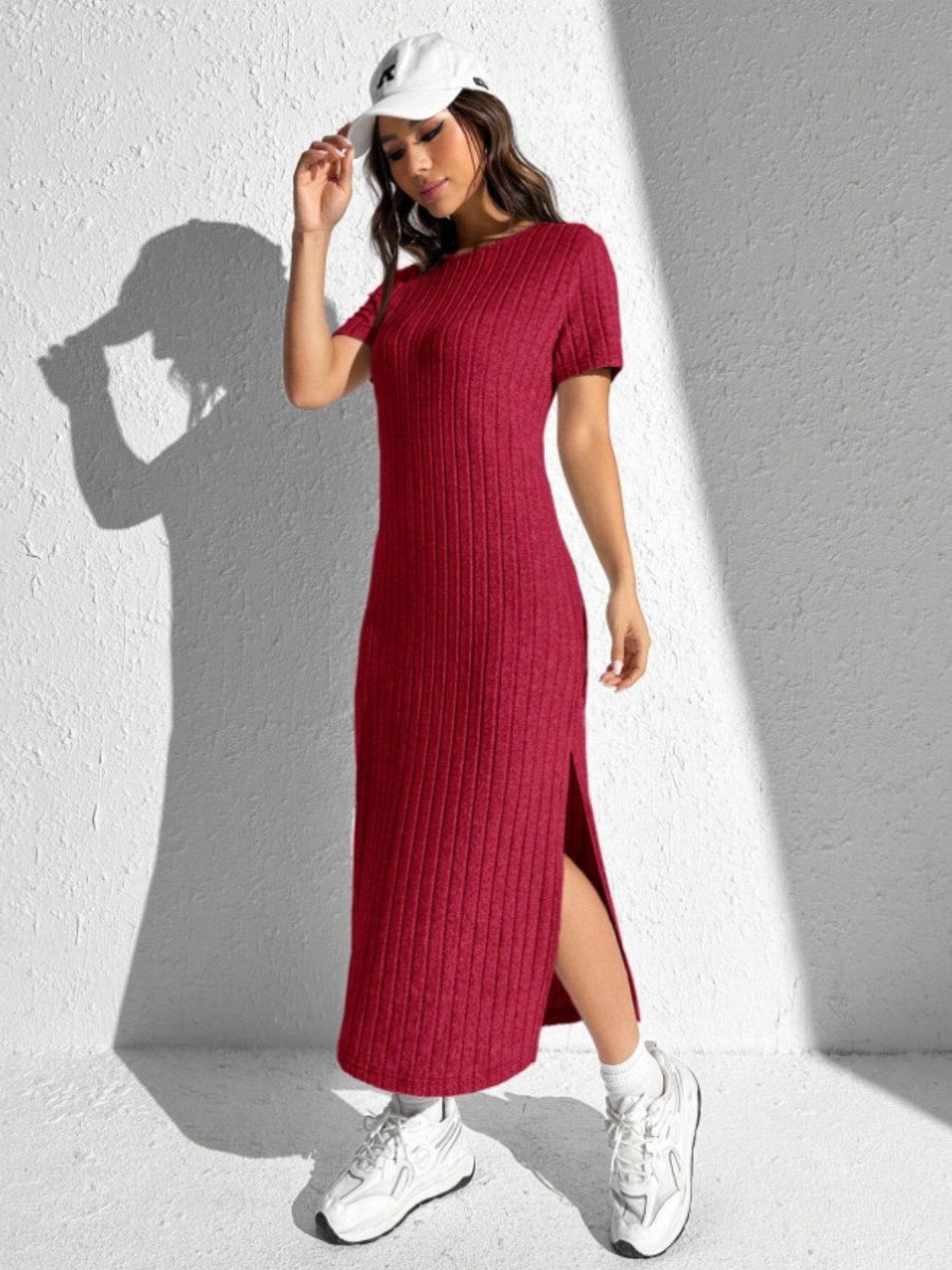 KayBee & Company Slit Round Neck Short Sleeve Sweater Dress