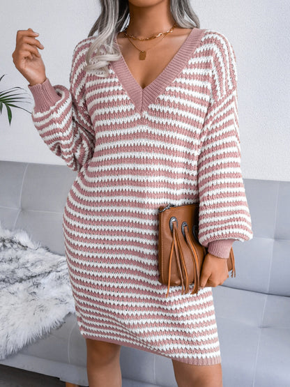 KayBee & Company Striped V-Neck Long Sleeve Mini Sweater Dress